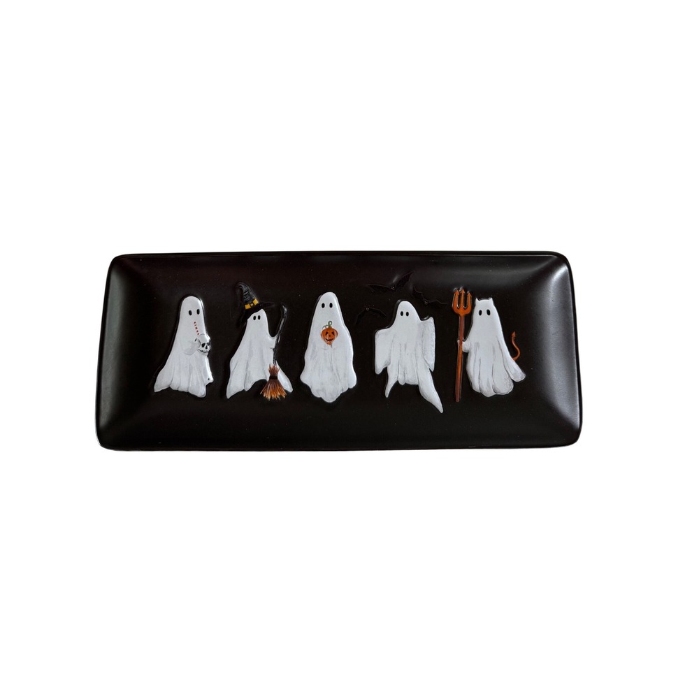 Pottery Barn Scary Squad Halloween Ghost Platter Black Stoneware Appetizer Tray